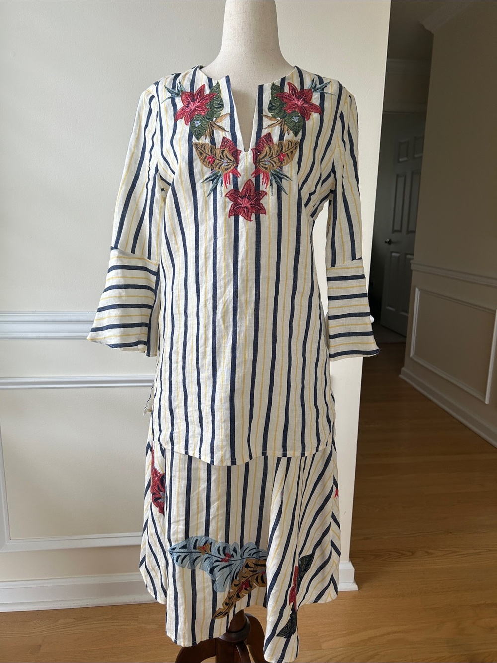 Brooks Brothers Cream and Navy Striped Embroidered Midi Set
